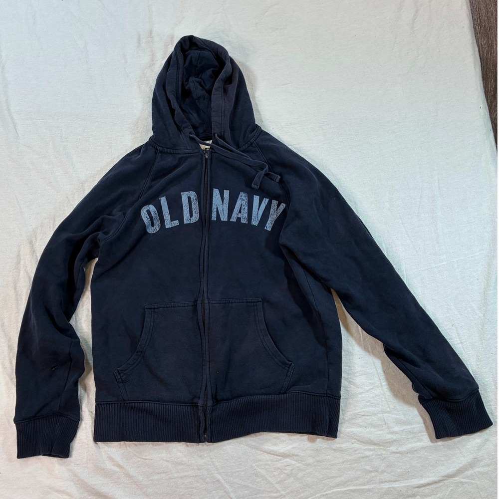 Old Navy Unisex Logo Full Zip Hoodie Medium Navy Blue Distressed Graphic H89